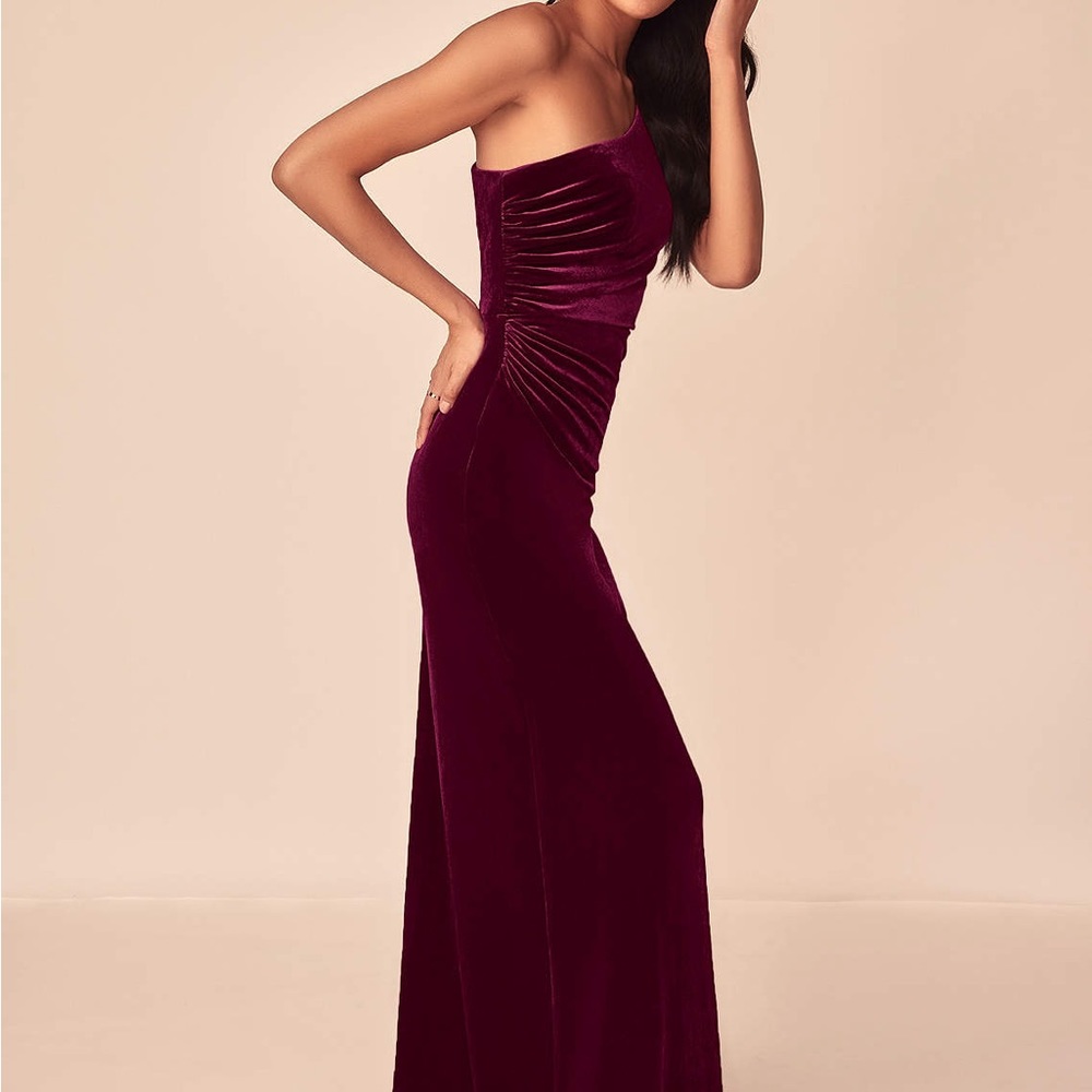 Azazie Argan one-shoulder bridesmaid dress in Cabernet velvet